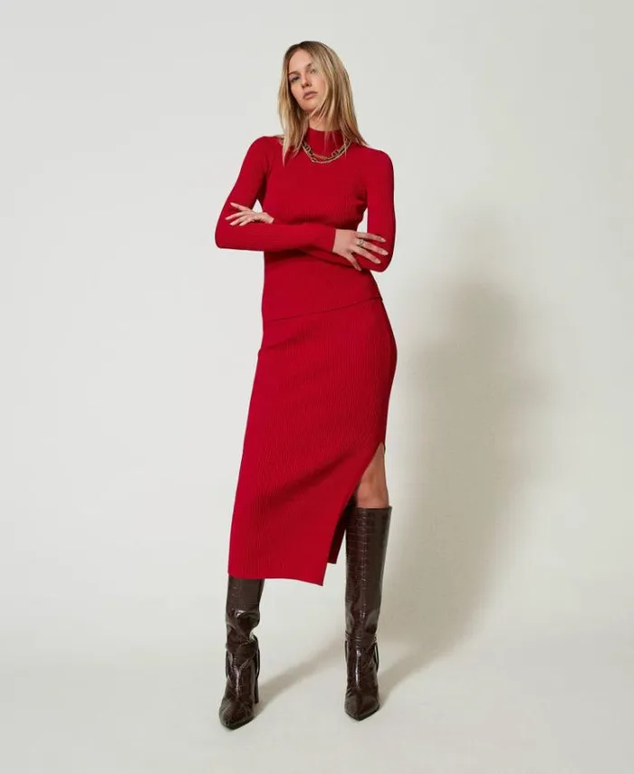 Twinset Jumpers And Cardigans Ribbed Knit Fitted Jumper With Opening Venetian Red 8211 Clothing