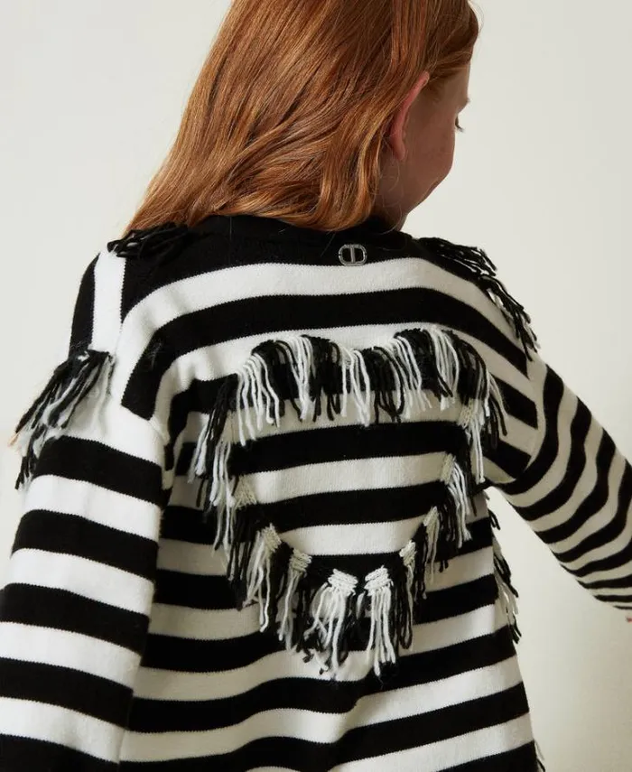 Twinset Jumpers And Cardigans Striped Knit Maxi Cardigan With Fringes Bicolour Off White Black 8211 Girl Twinset Jumpers And Cardigans Striped Knit Maxi Cardigan With Fringes Bicolour Off White Black 8211 Girl