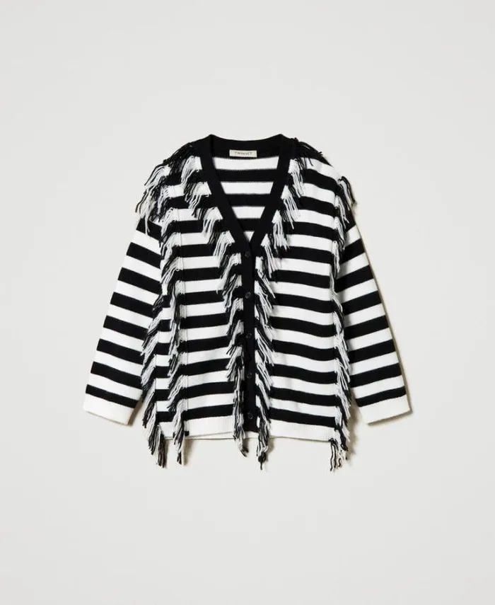 Twinset Jumpers And Cardigans Striped Knit Maxi Cardigan With Fringes Bicolour Off White Black 8211 Girl
