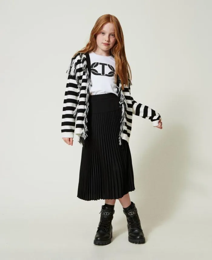 Twinset Jumpers And Cardigans Striped Knit Maxi Cardigan With Fringes Bicolour Off White Black 8211 Girl