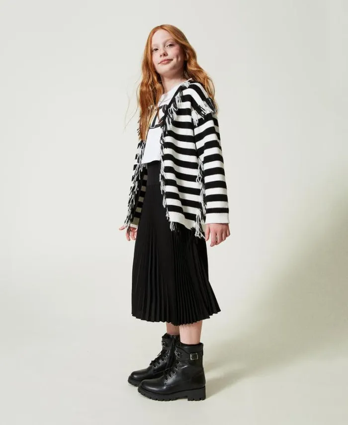 Twinset Jumpers And Cardigans Striped Knit Maxi Cardigan With Fringes Bicolour Off White Black 8211 Girl