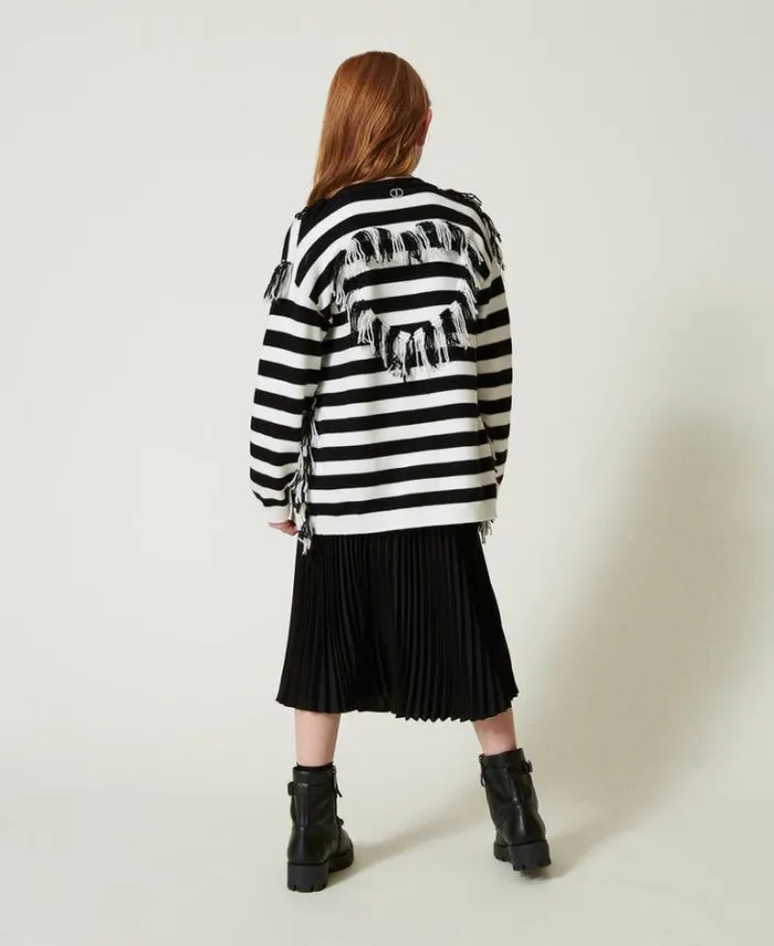 Twinset Jumpers And Cardigans Striped Knit Maxi Cardigan With Fringes Bicolour Off White Black 8211 Girl