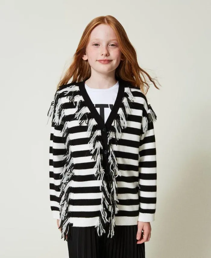 Twinset Jumpers And Cardigans Striped Knit Maxi Cardigan With Fringes Bicolour Off White Black 8211 Girl