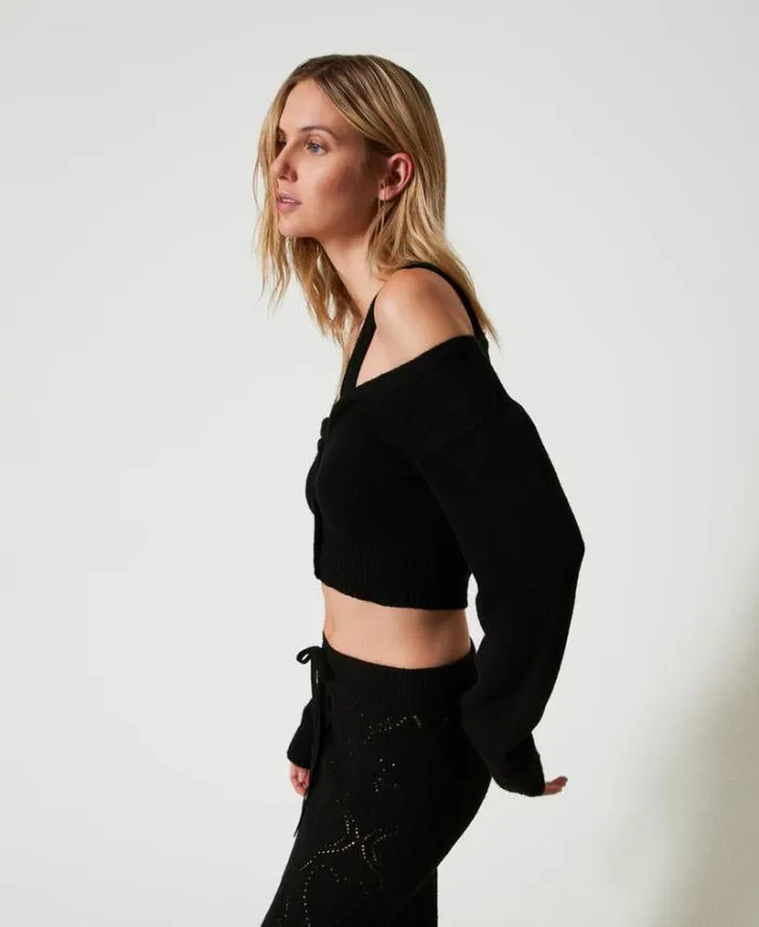 Twinset Jumpers And Cardigans Treeblend Yarn Cardigan With Cable Knit Pattern Black 8211 Clothing