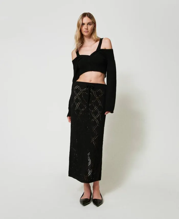 Twinset Jumpers And Cardigans Treeblend Yarn Cardigan With Cable Knit Pattern Black 8211 Clothing