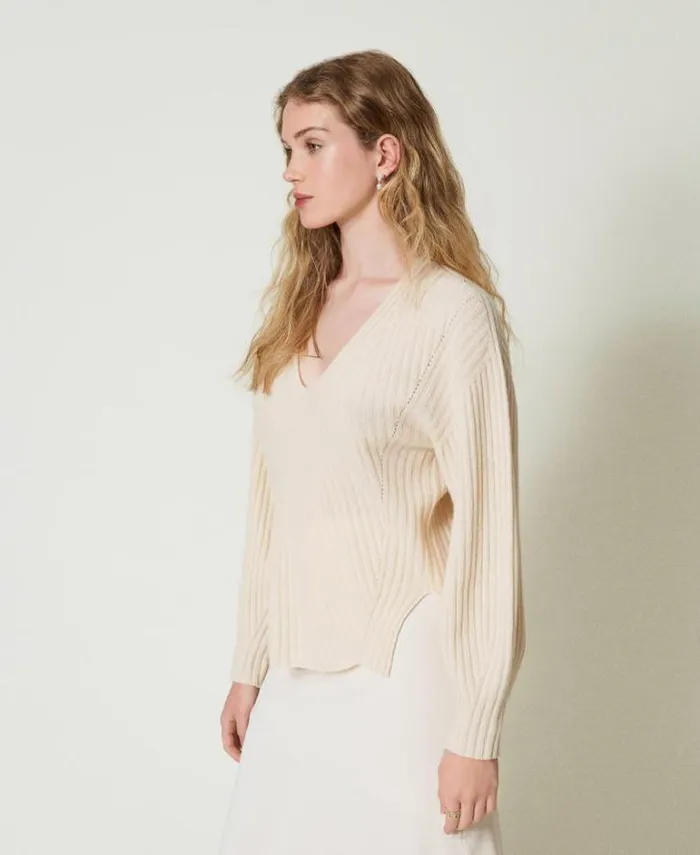 Twinset Jumpers And Cardigans Wool And Cashmere Ribbed Jumper White Snow 8211 Clothing