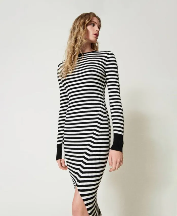 Twinset Long Dresses Long Striped Knit Dress Twotone Black Snow White 8211 Clothing