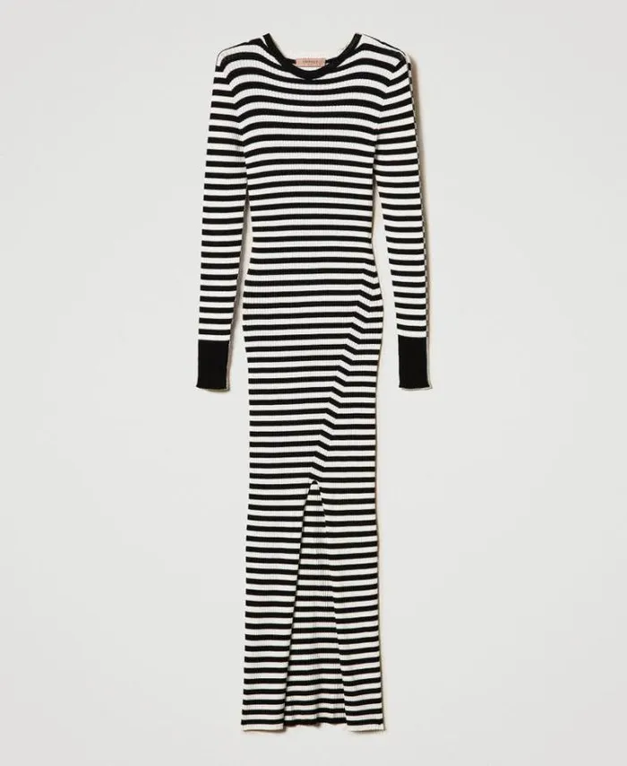 Twinset Long Dresses Long Striped Knit Dress Twotone Black Snow White 8211 Clothing