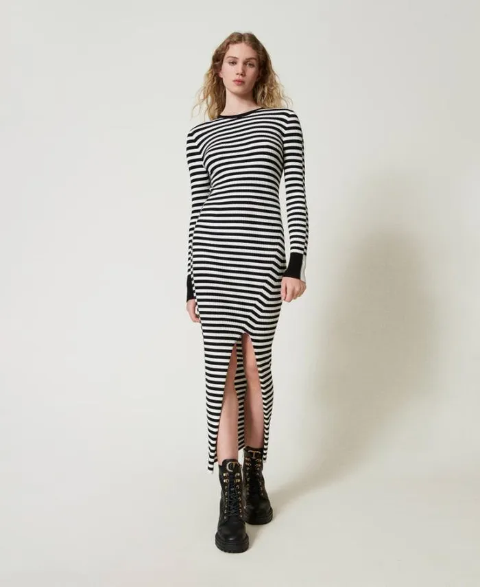 Twinset Long Dresses Long Striped Knit Dress Twotone Black Snow White 8211 Clothing