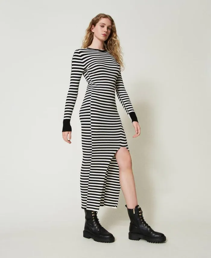 Twinset Long Dresses Long Striped Knit Dress Twotone Black Snow White 8211 Clothing