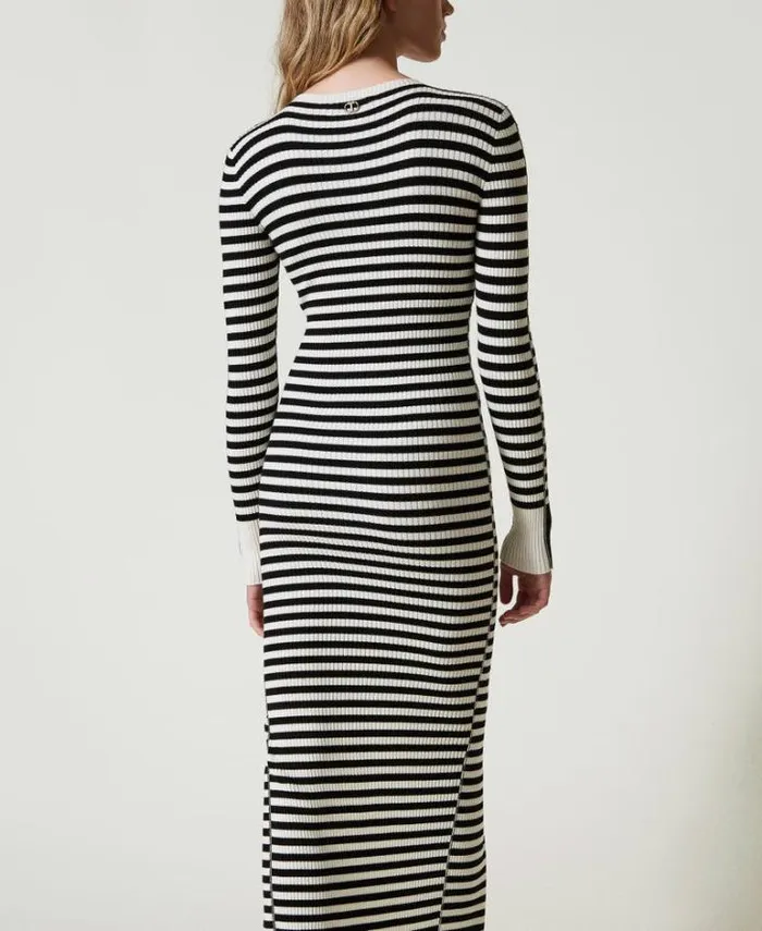Twinset Long Dresses Long Striped Knit Dress Twotone Black Snow White 8211 Clothing