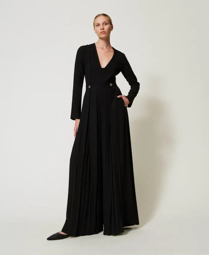 Twinset Long Dresses Pleated Crpe Jumpsuit With Buttons Black 8211 Clothing