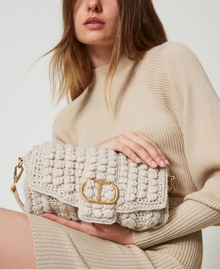 Twinset Shoulder Bags 039Amie039 Medium Tricot Shoulder Bag White Cream 8211 Bags