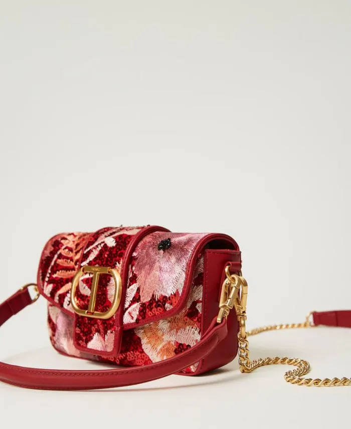 Twinset Shoulder Bags 039Amie039 Small Shoulder Bag With Embroidery Red Red Plum Macro Flowers 8211 Bags