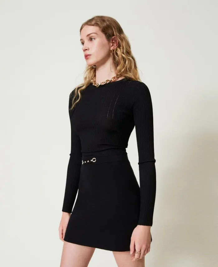 Twinset Skirts Knit Miniskirt With Jewel Appliqus Black 8211 Clothing