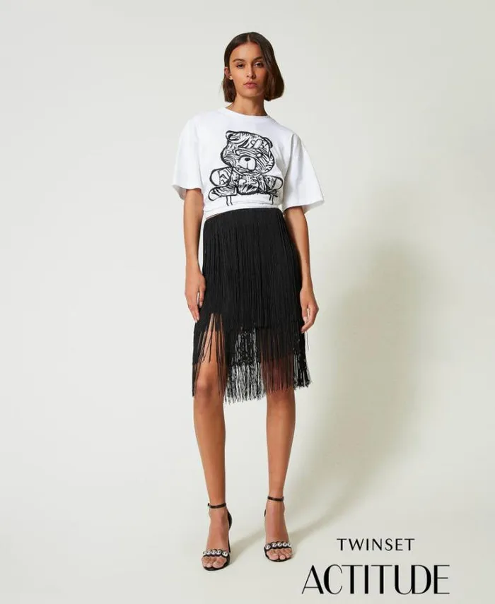 Twinset Skirts MYFO Miniskirt With Fringes Black 8211 Clothing