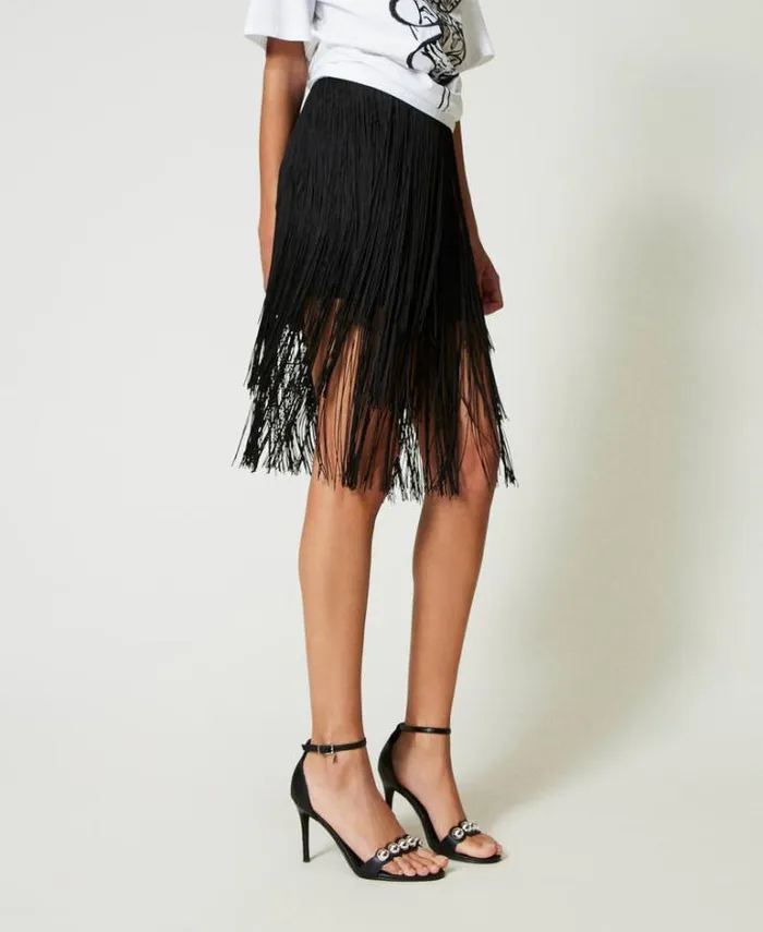 Twinset Skirts MYFO Miniskirt With Fringes Black 8211 Clothing