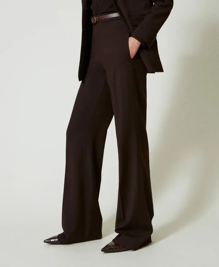 Twinset Straight Leg And Cigarette Trousers Stretch Wool High Waist Trousers Coffee Chocolate 8211 Clothing
