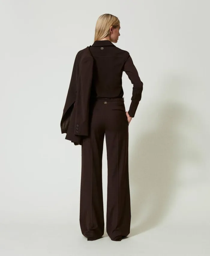 Twinset Straight Leg And Cigarette Trousers Stretch Wool High Waist Trousers Coffee Chocolate 8211 Clothing