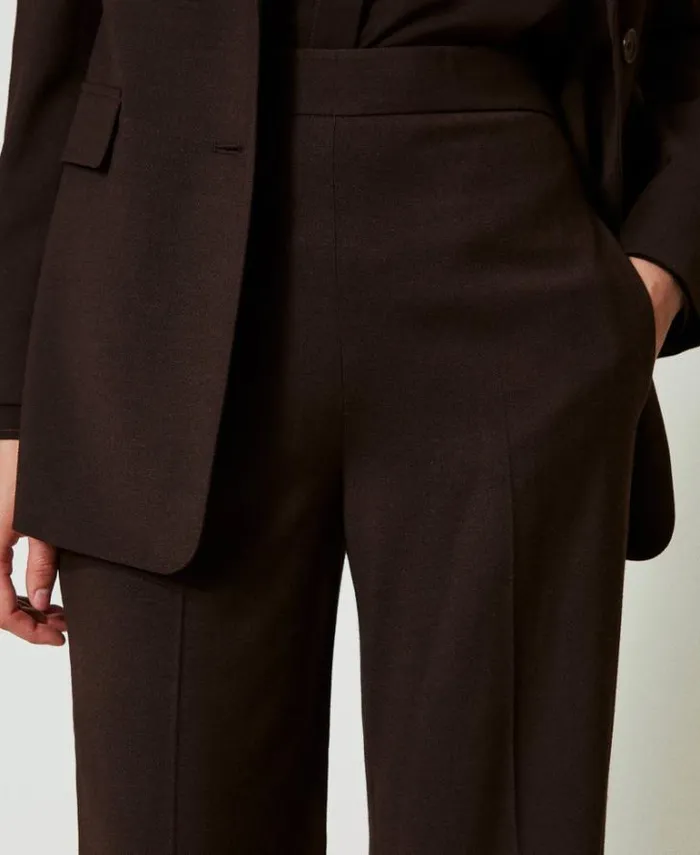 Twinset Straight Leg And Cigarette Trousers Stretch Wool High Waist Trousers Coffee Chocolate 8211 Clothing