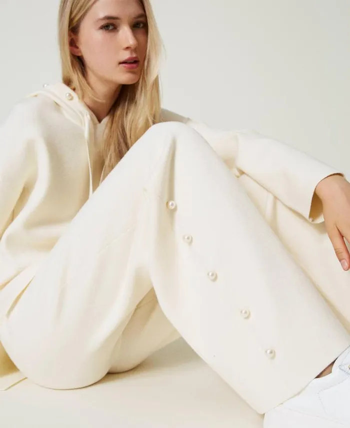 Twinset Suits And Sets Wide Leg Knit Trousers With Pearls Antique White 8211 Clothing