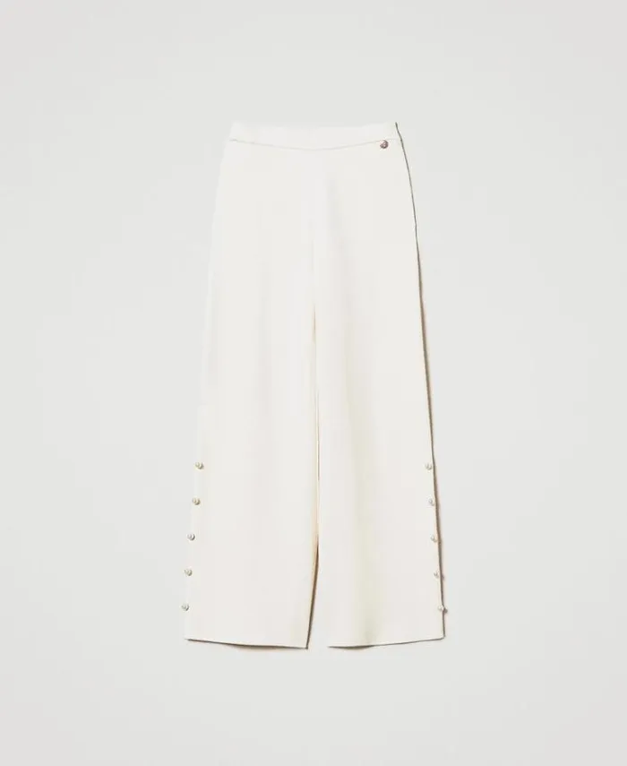 Twinset Suits And Sets Wide Leg Knit Trousers With Pearls Antique White 8211 Clothing