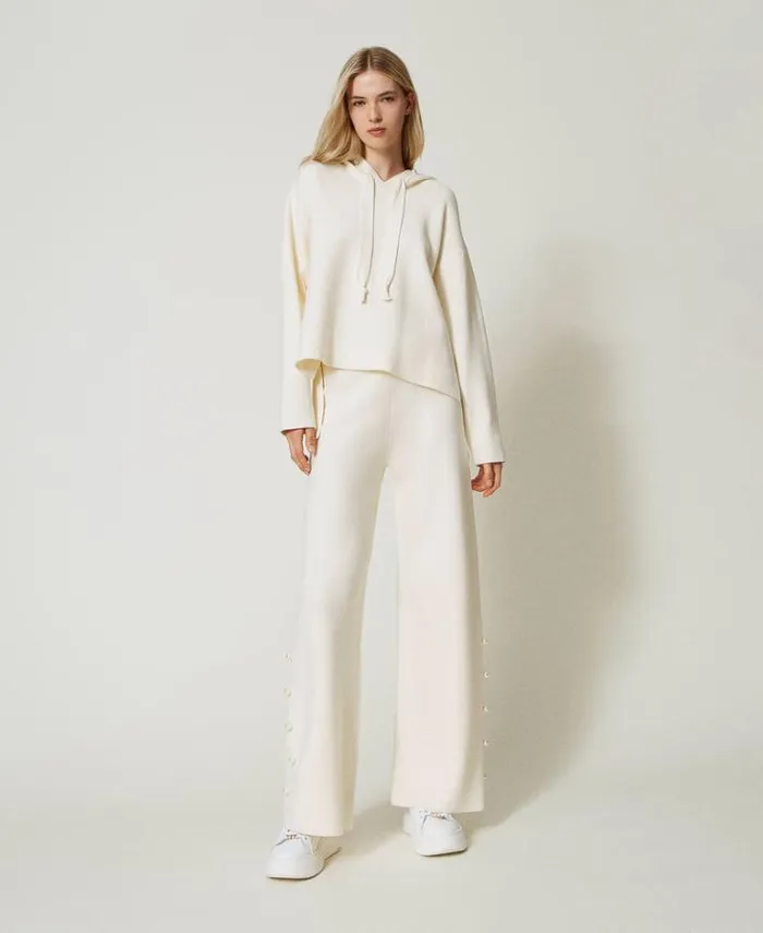 Twinset Suits And Sets Wide Leg Knit Trousers With Pearls Antique White 8211 Clothing
