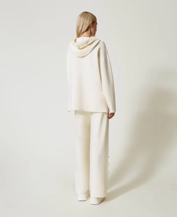 Twinset Suits And Sets Wide Leg Knit Trousers With Pearls Antique White 8211 Clothing