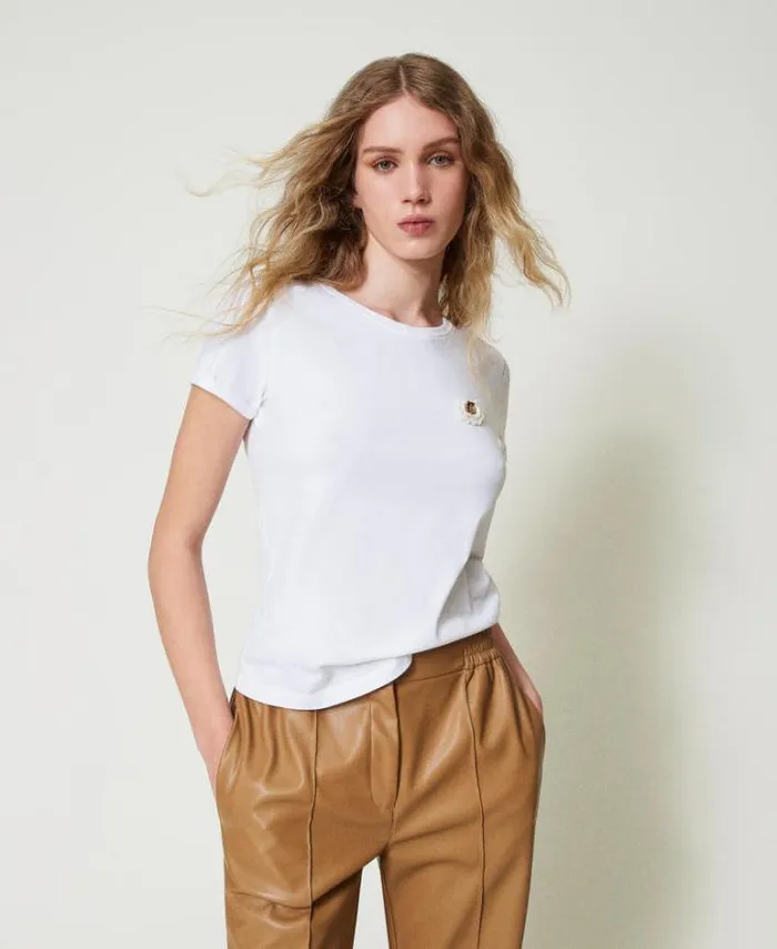 Twinset TShirts And Tops Fitted TShirt With Crochet Brooch White 8211 Clothing