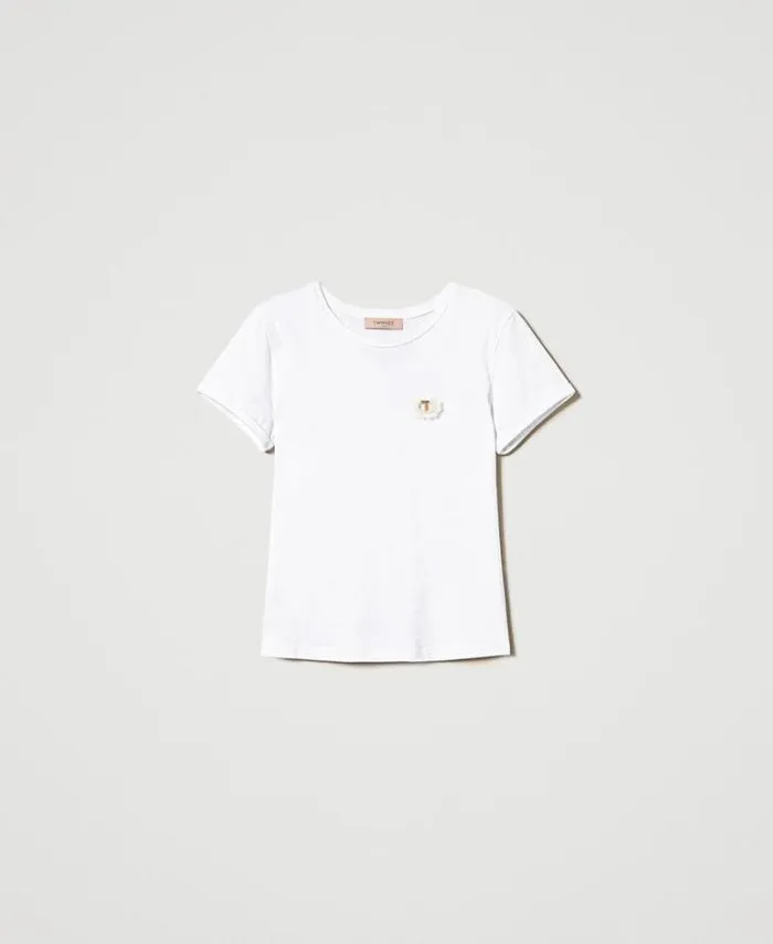Twinset TShirts And Tops Fitted TShirt With Crochet Brooch White 8211 Clothing