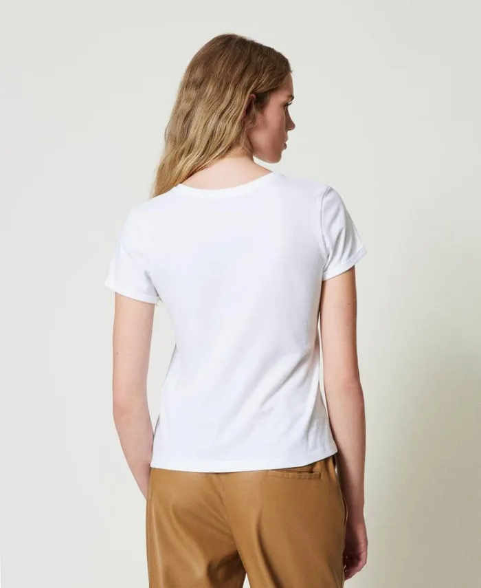 Twinset TShirts And Tops Fitted TShirt With Crochet Brooch White 8211 Clothing
