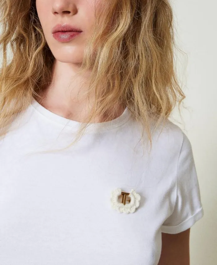 Twinset TShirts And Tops Fitted TShirt With Crochet Brooch White 8211 Clothing