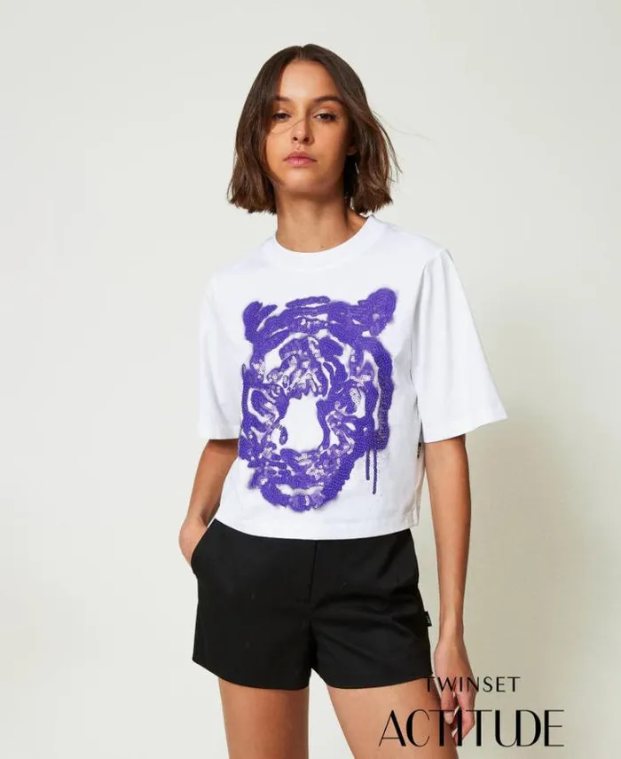 Twinset TShirts And Tops MYFO Boxy Tshirt With Print And Sequins Purple Tiger Print 8211 Clothing Twinset TShirts And Tops MYFO Boxy Tshirt With Print And Sequins Purple Tiger Print 8211 Clothing