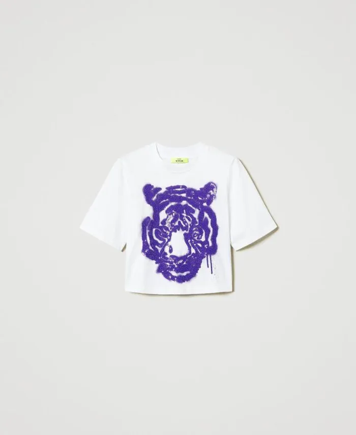 Twinset TShirts And Tops MYFO Boxy Tshirt With Print And Sequins Purple Tiger Print 8211 Clothing