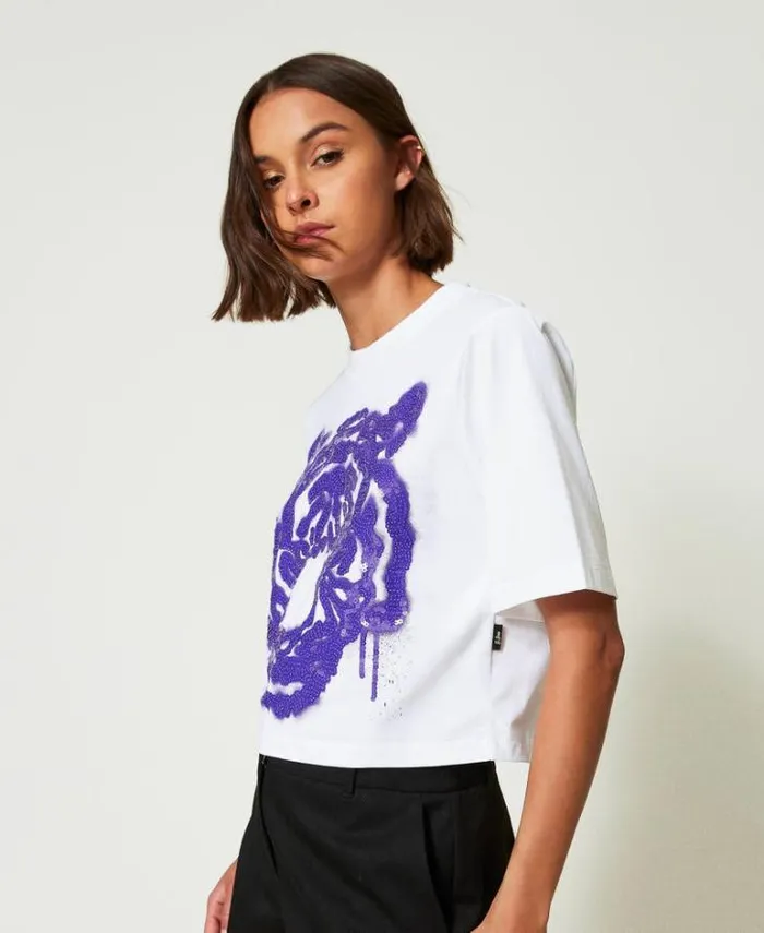 Twinset TShirts And Tops MYFO Boxy Tshirt With Print And Sequins Purple Tiger Print 8211 Clothing