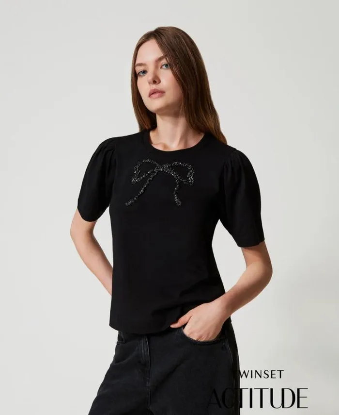 Twinset TShirts And Tops Tshirt With Bow Embroidery Black 8211 Clothing