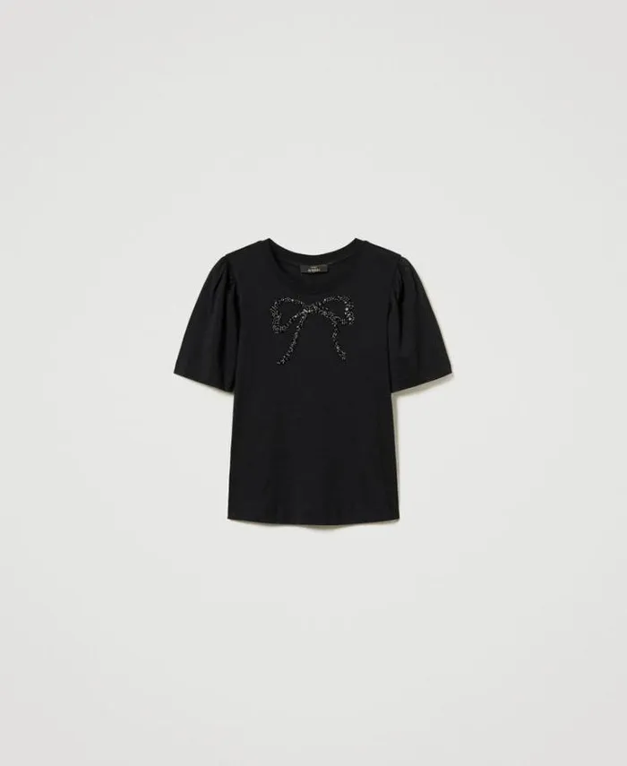 Twinset TShirts And Tops Tshirt With Bow Embroidery Black 8211 Clothing