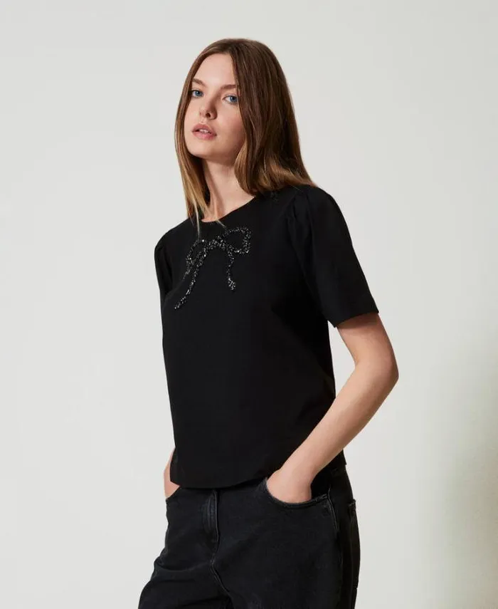 Twinset TShirts And Tops Tshirt With Bow Embroidery Black 8211 Clothing