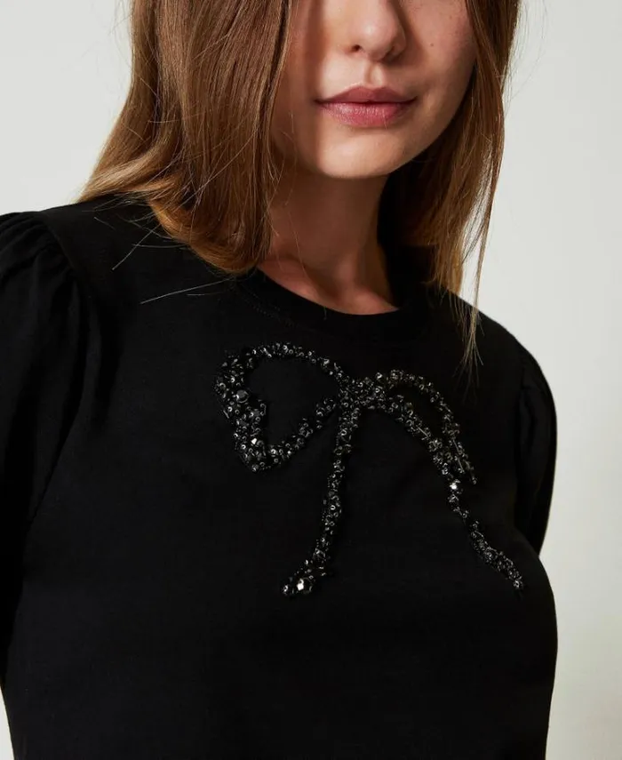 Twinset TShirts And Tops Tshirt With Bow Embroidery Black 8211 Clothing