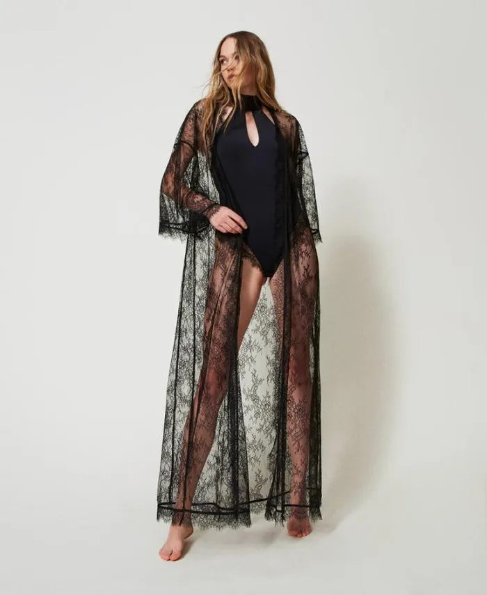 Twinset Underwear And Nightwear Long Lace Dressing Gown With Belt Black 8211 Clothing