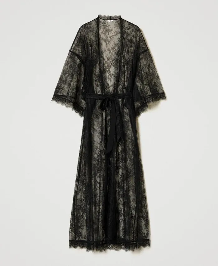 Twinset Underwear And Nightwear Long Lace Dressing Gown With Belt Black 8211 Clothing