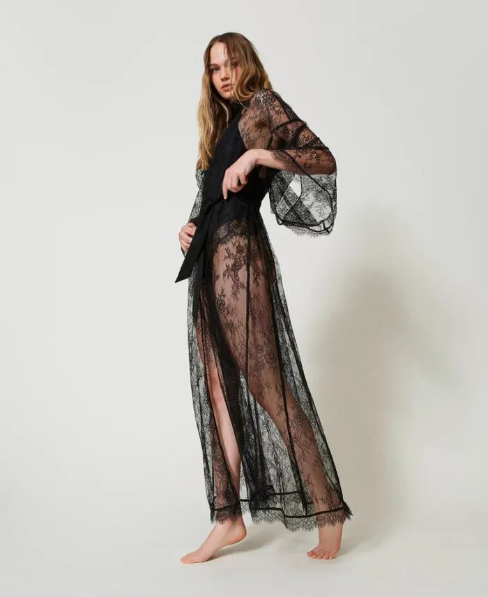 Twinset Underwear And Nightwear Long Lace Dressing Gown With Belt Black 8211 Clothing
