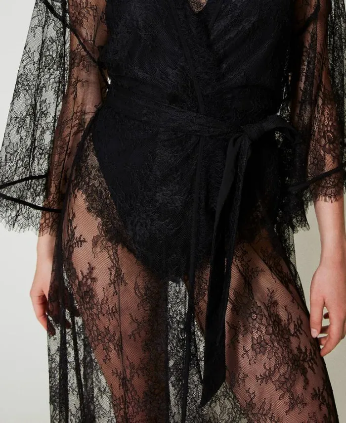 Twinset Underwear And Nightwear Long Lace Dressing Gown With Belt Black 8211 Clothing