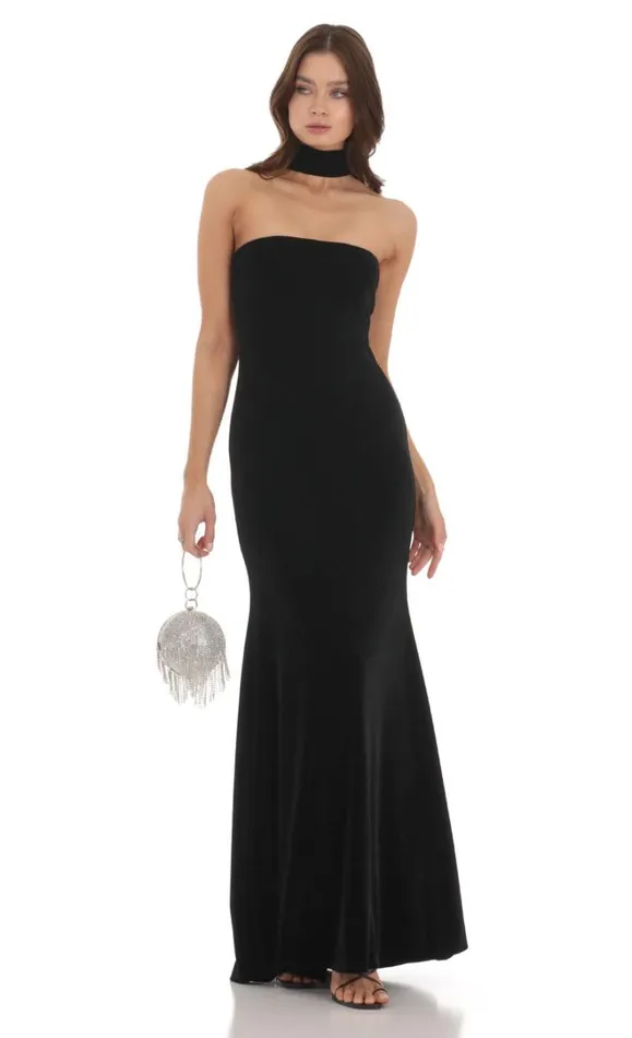 Velvet Reverse Halter Dress Black Women LUCY IN THE SKY Maxi Dresses