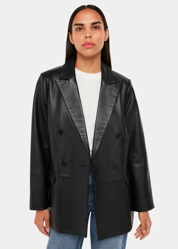 Whistles Aliza Waisted Leather Blazer Black Women Coats and Jackets