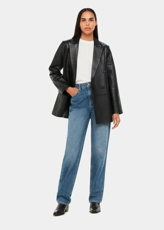 Whistles Aliza Waisted Leather Blazer Black Women Coats and Jackets