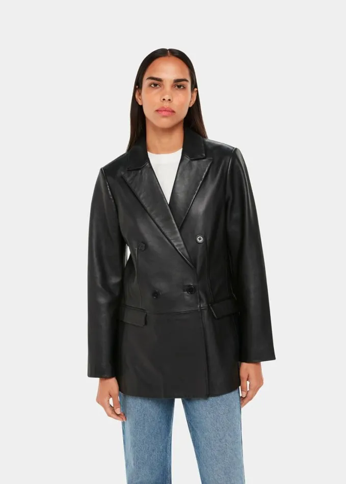 Whistles Aliza Waisted Leather Blazer Black Women Coats and Jackets
