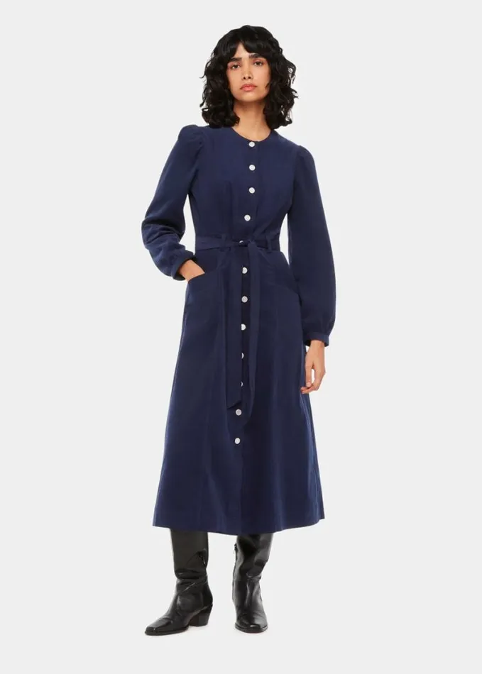 Whistles Angelica Cord Midi Dress Navy Women Dresses