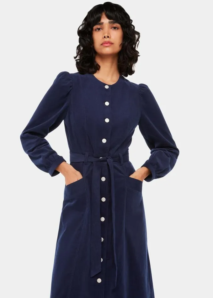 Whistles Angelica Cord Midi Dress Navy Women Dresses
