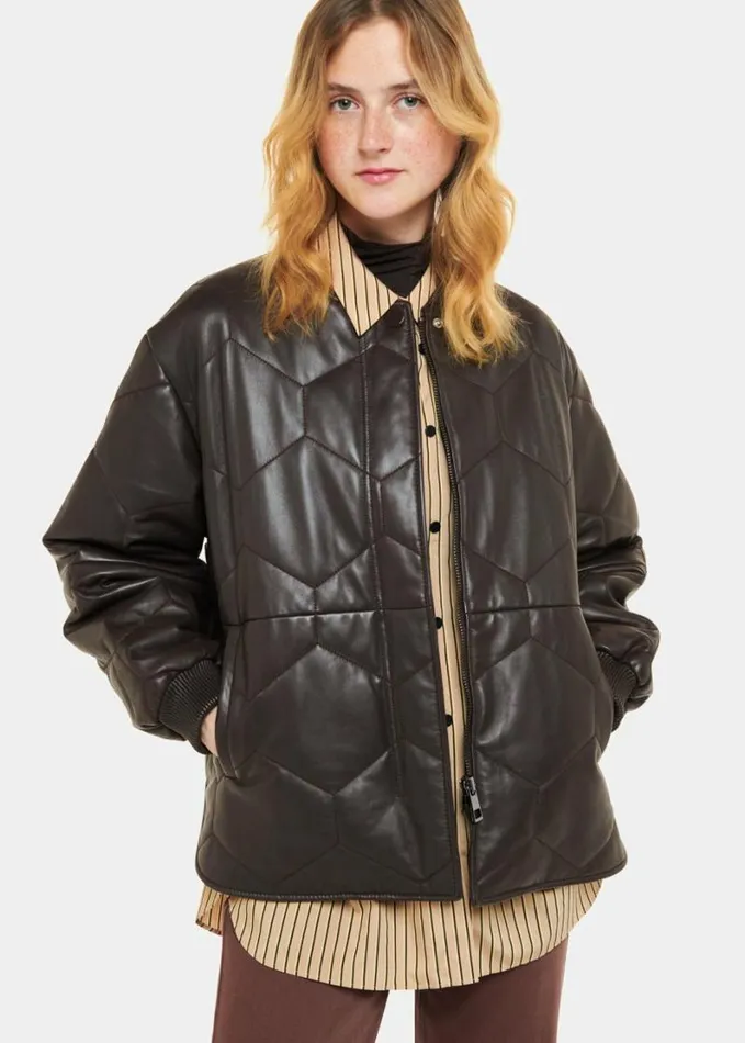 Whistles Cleo Leather Quilted Jacket Burgundy Women Coats and Jackets